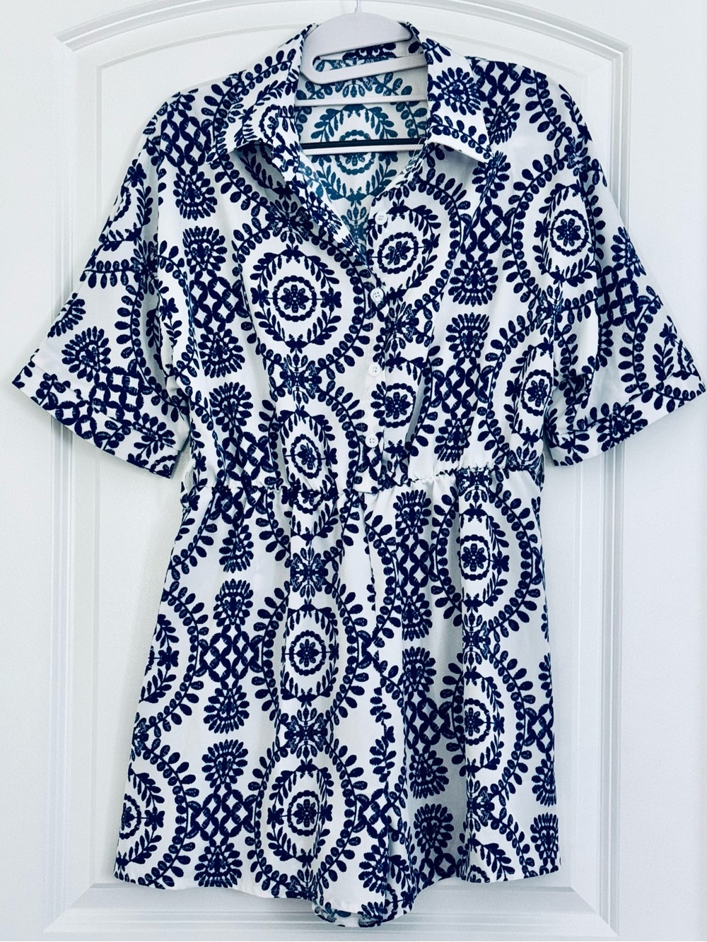Womens Navy and White Printed Short Sleeve Romper